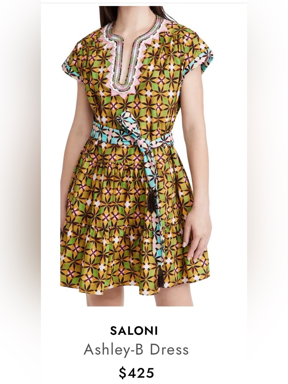 Saloni Ashley B Multicolor Geometric Embroidered Shift Dress Sz 2 $452